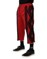 Röda broderade tygbyxor med kort passform