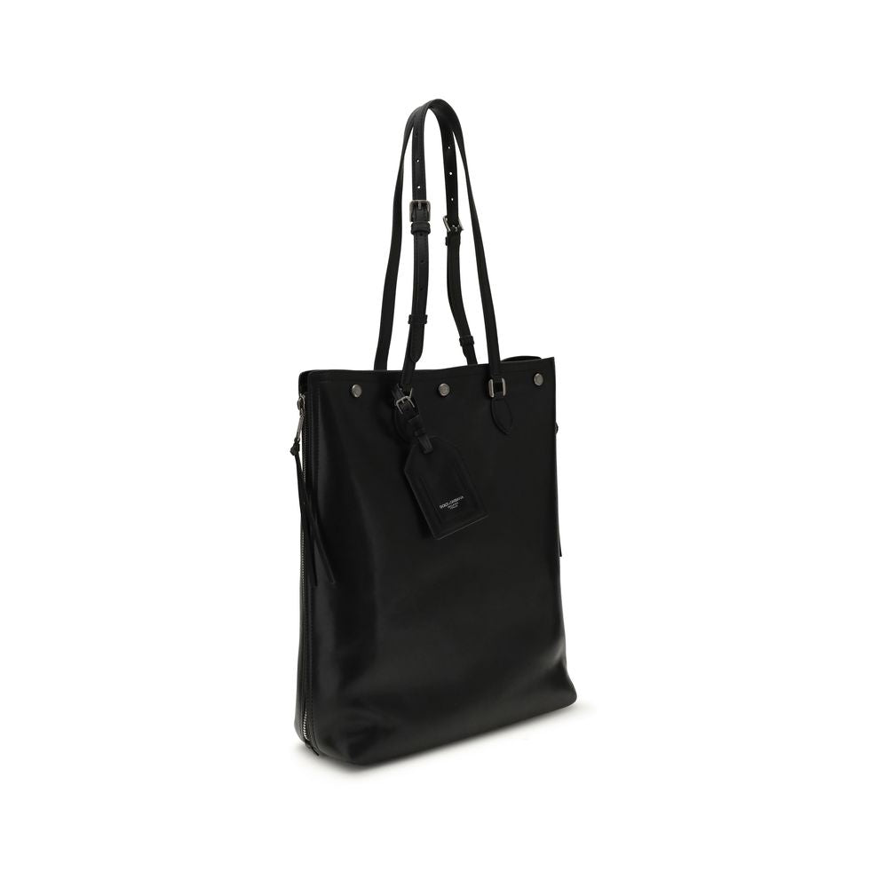 Black Calf Leather Shoulder Bag with Adjustable Straps - Dolce & Gabbana