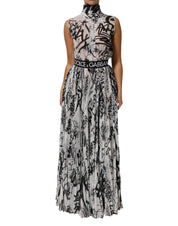 Black White Monogram Pleated Long Gown Dress