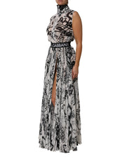 Black White Monogram Pleated Long Gown Dress