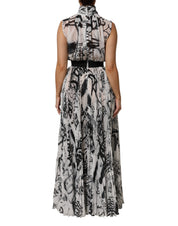 Black White Monogram Pleated Long Gown Dress