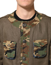 Brun kamouflagefärgad dunjacka i linneblandning med knappar