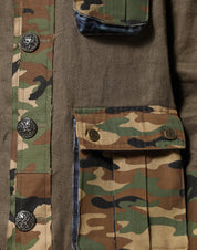 Brun kamouflagefärgad dunjacka i linneblandning med knappar