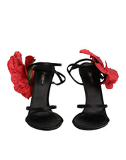 Black Leather Strappy Flower Heels Sandals  Shoes