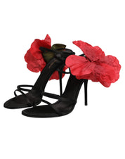 Black Leather Strappy Flower Heels Sandals  Shoes