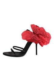 Black Leather Strappy Flower Heels Sandals  Shoes