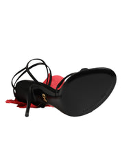 Black Leather Strappy Flower Heels Sandals  Shoes