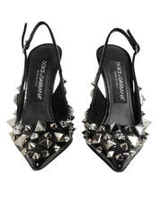 Black Studded Leather Heels Slingbacks Shoes