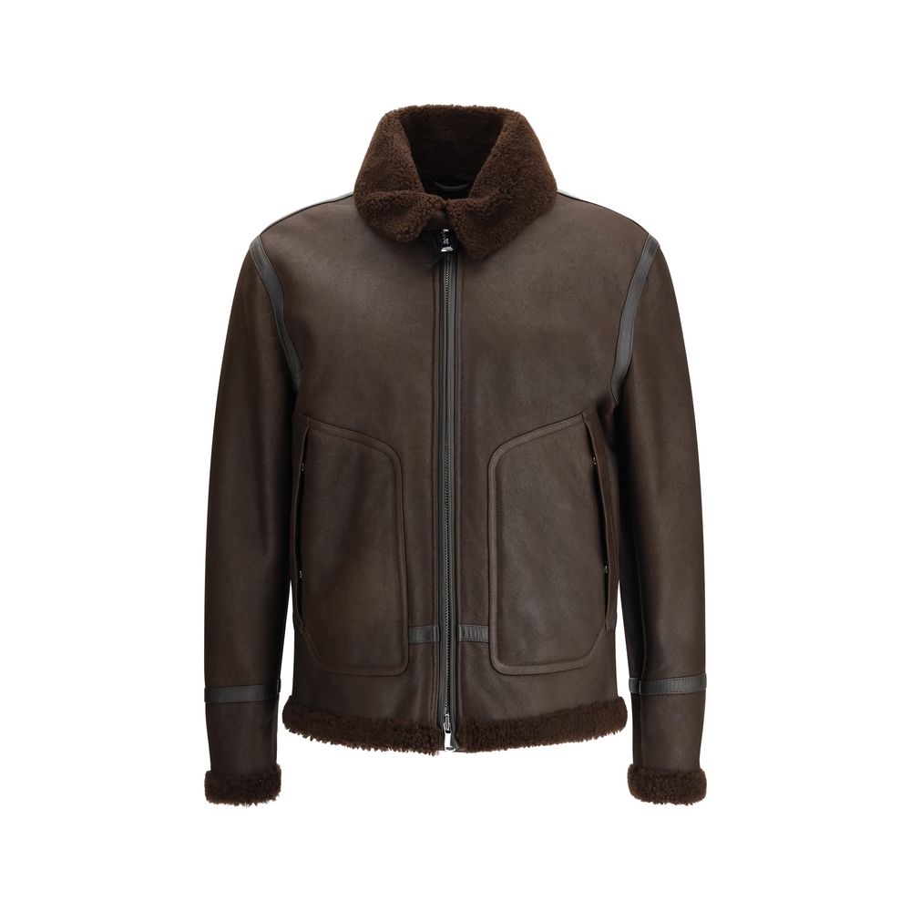 Brown Calf Leather Shearling Aviator Jacket