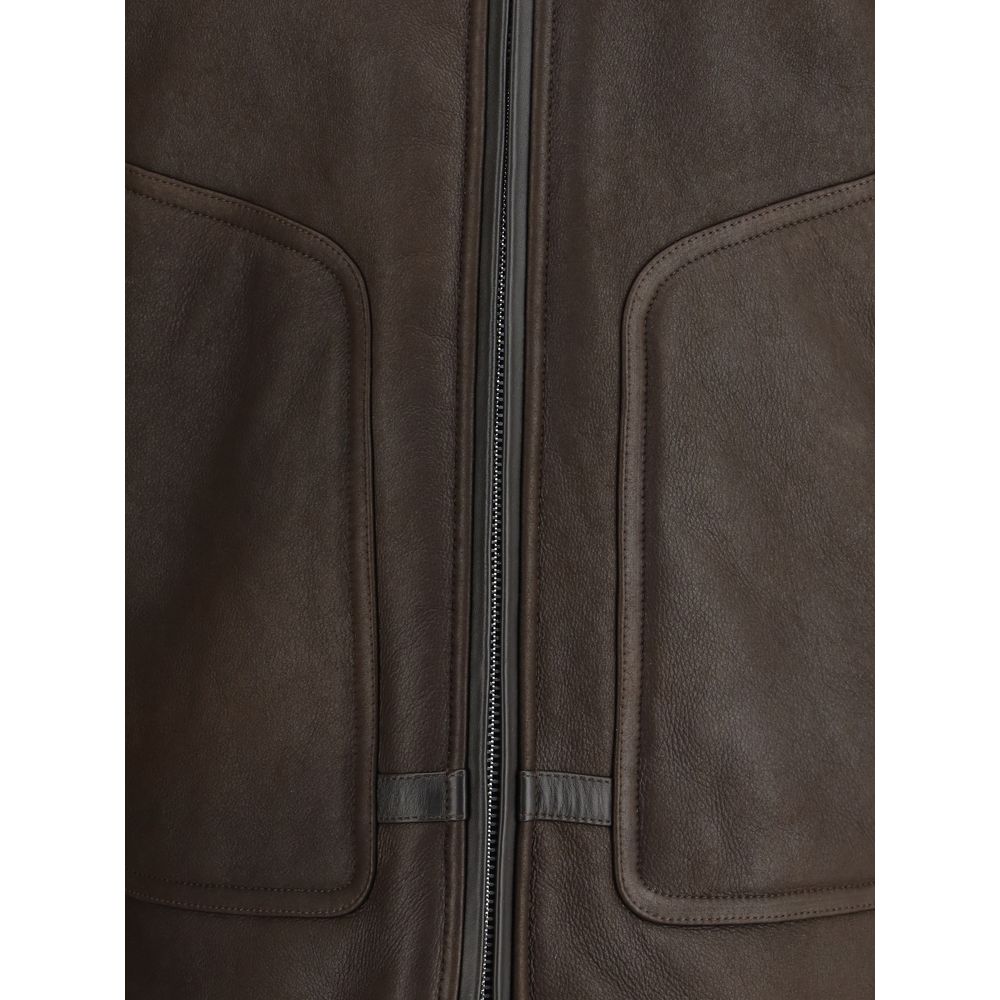 Brown Calf Leather Shearling Aviator Jacket