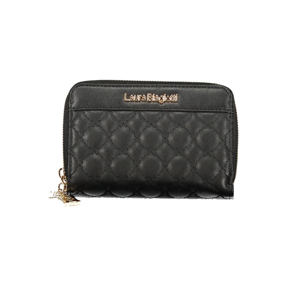 Black quilted wallet with gold zipper pull on a white background