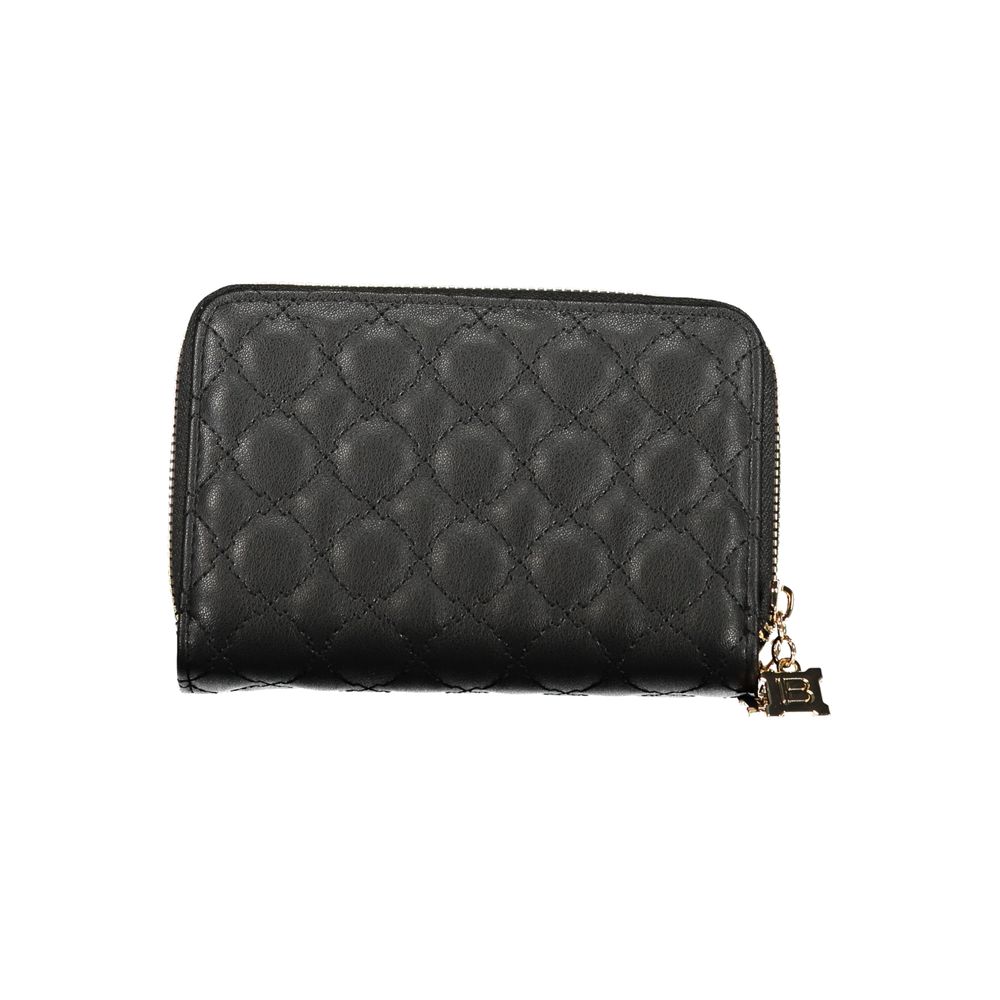 Black quilted wallet with a gold zipper on a white background
