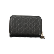 Black quilted wallet with a gold zipper on a white background