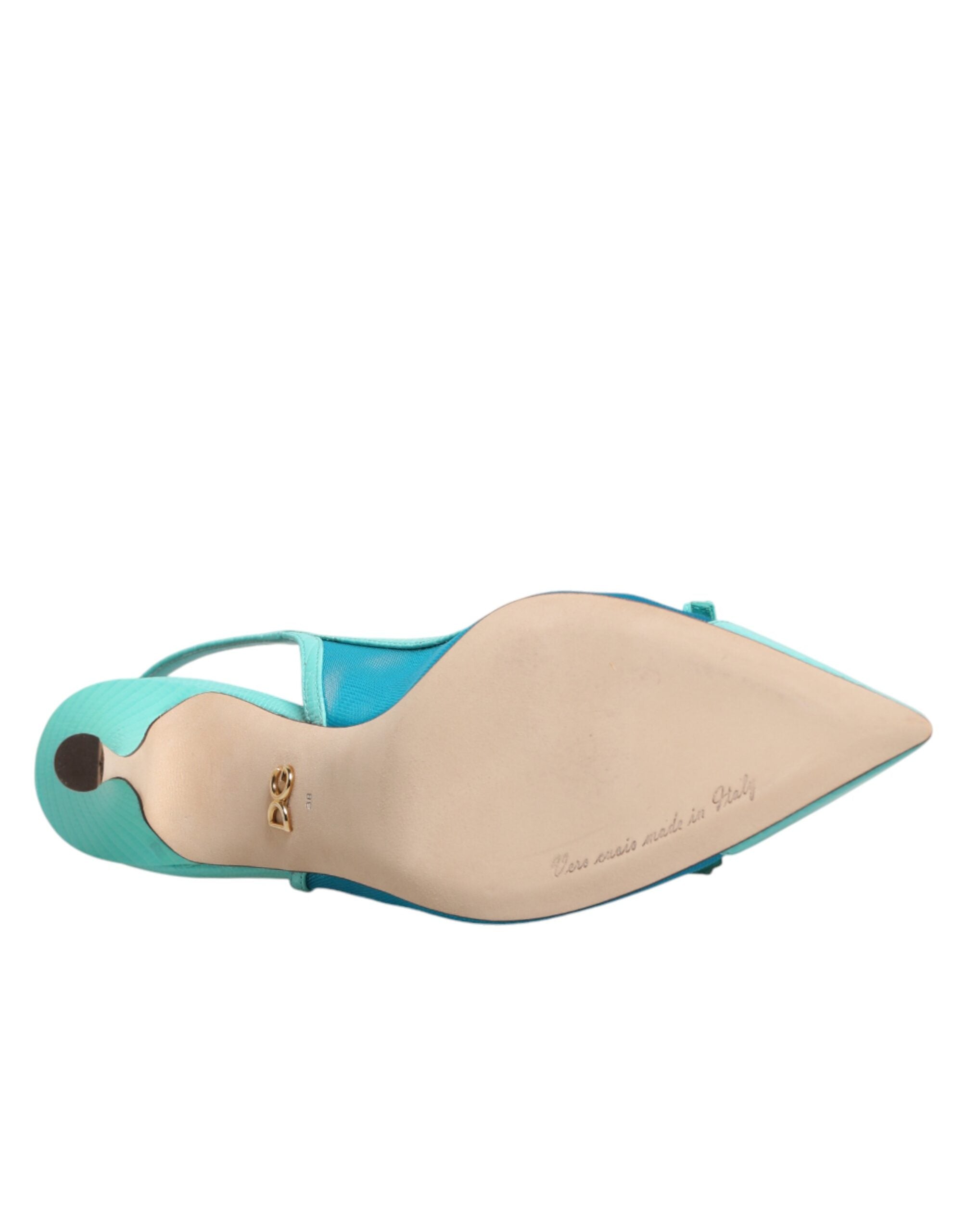 Ljusblå slingback-klackar i lädermesh med spetsig tå