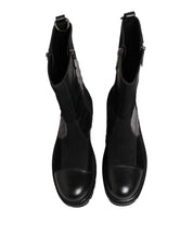 Black Patchwork Leather Mid Calf Boots