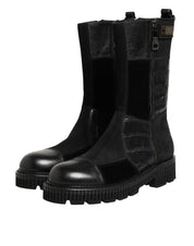 Black Patchwork Leather Mid Calf Boots