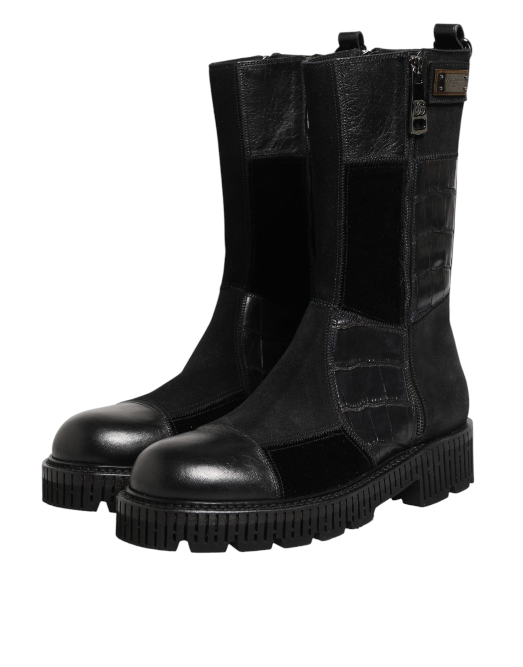 Black Patchwork Leather Mid Calf Boots