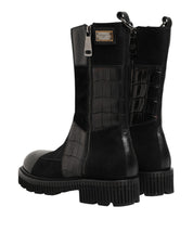 Black Patchwork Leather Mid Calf Boots