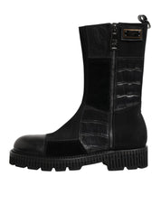 Black Patchwork Leather Mid Calf Boots