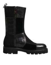 Black Patchwork Leather Mid Calf Boots