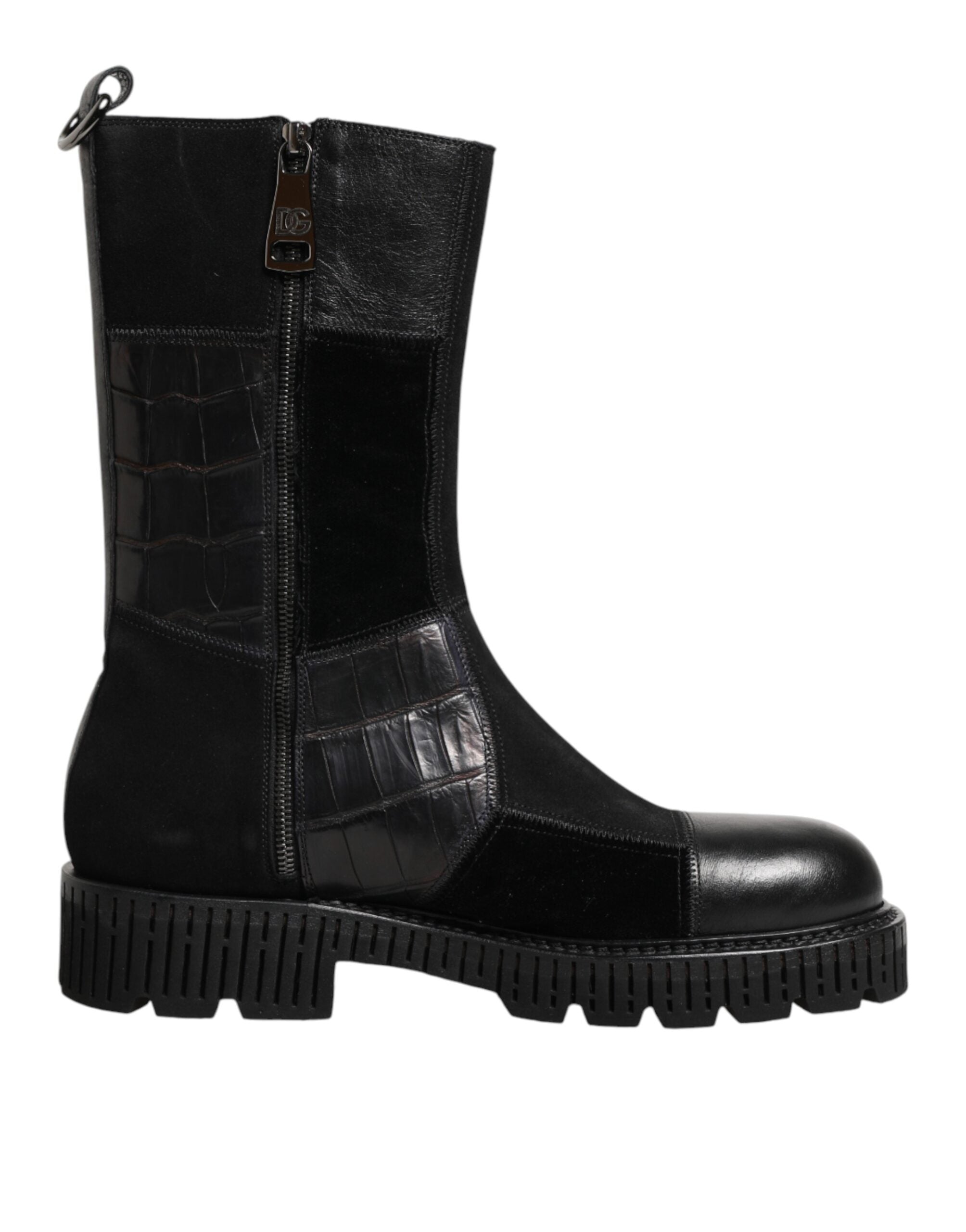 Black Patchwork Leather Mid Calf Boots