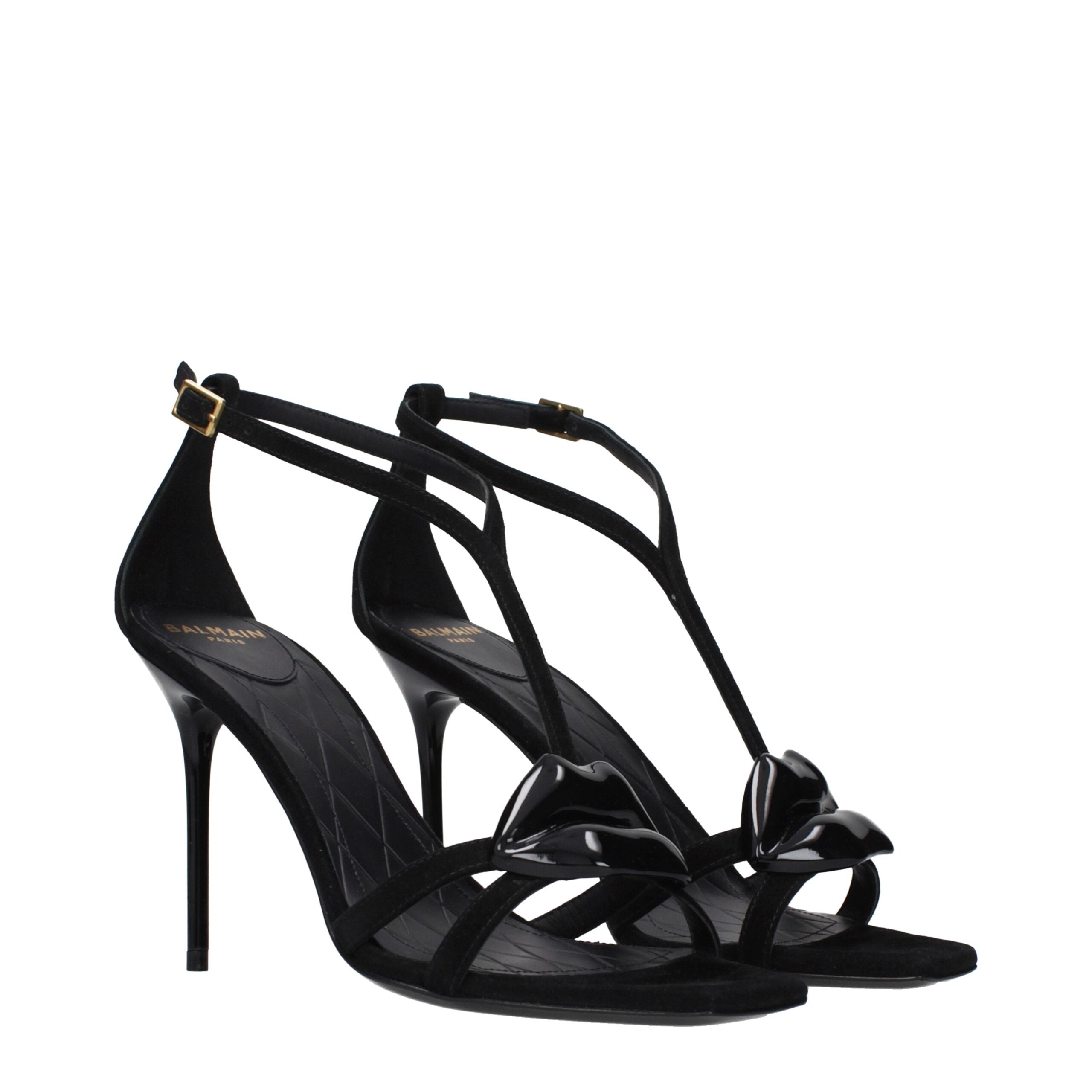 Balmain Black Leather and Suede Stiletto Heel Sandals