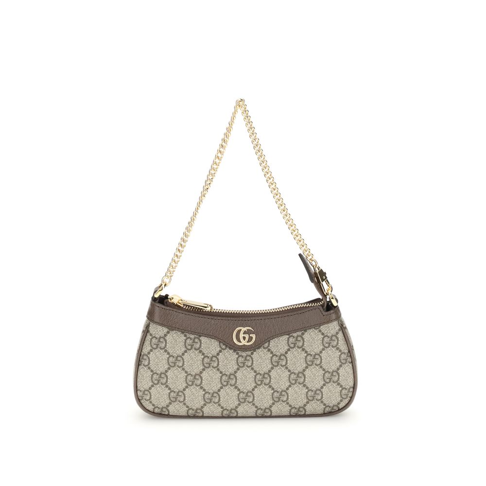 Gucci Ophidia Mini Handväska Beige Och Ebenholts GG Supreme Kedjehandtag
