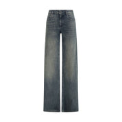 Blue Cotton Flared Jeans with Engraved Metallic Details