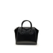 Black Calf Leather Handbag with Gold Emblems