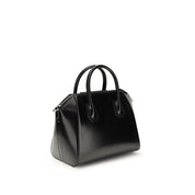 Black Calf Leather Handbag with Gold Emblems