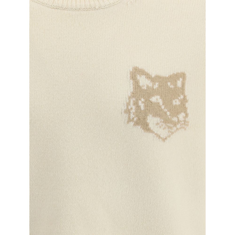 Cream Wool Sweatshirt with Fox Head Motif