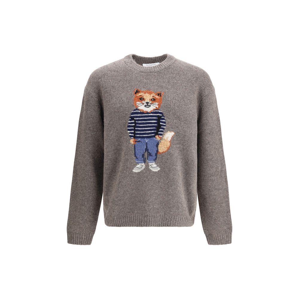 Gray Wool Sweatshirt with Fox Intarsia