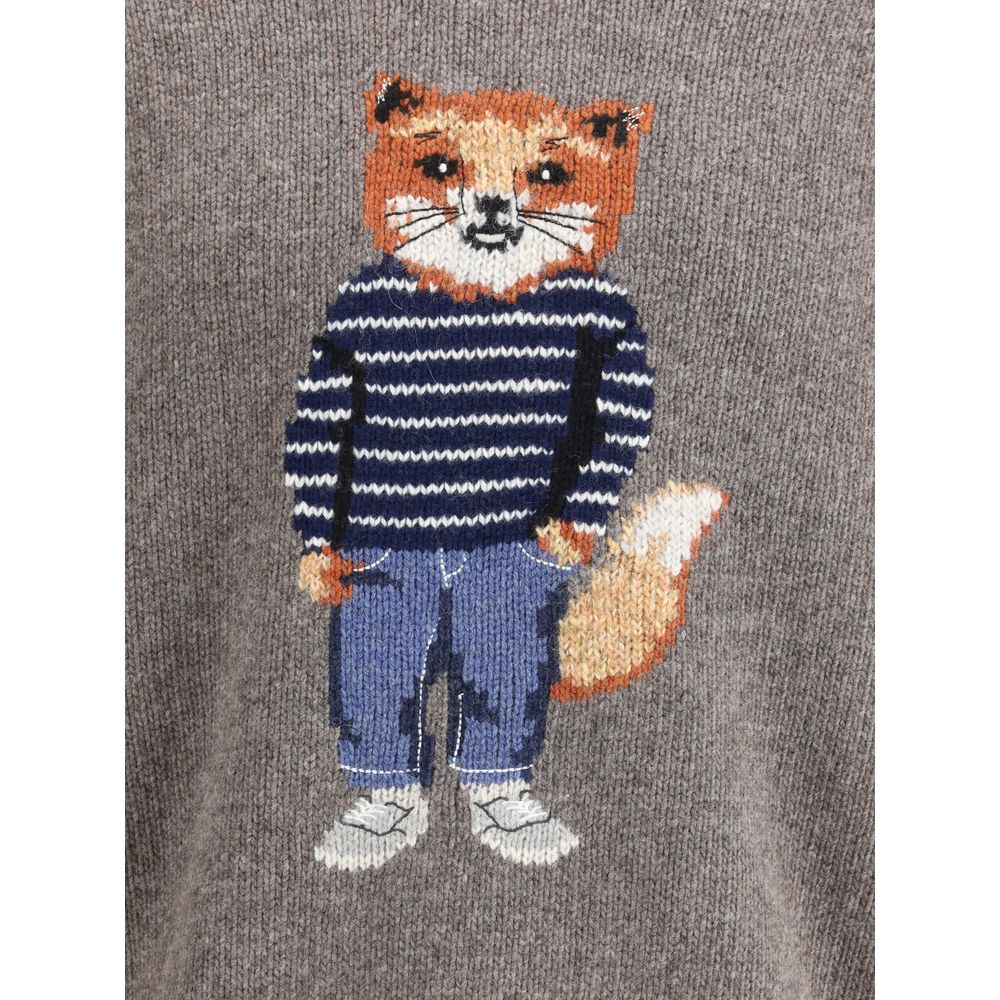 Gray Wool Sweatshirt with Fox Intarsia