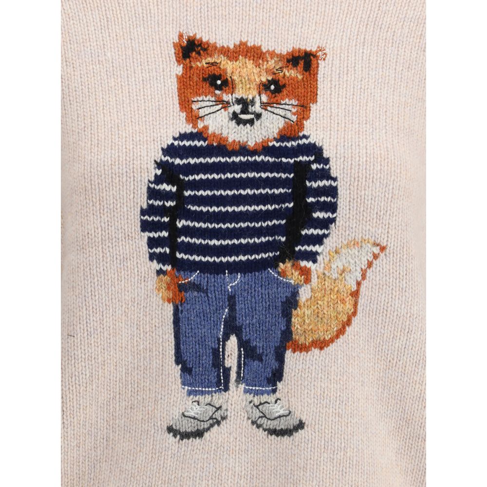 Krämfärgad tröja i merinoull med klädd rävintarsia