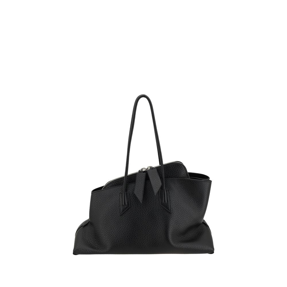 Black Calf Leather Shoulder Bag with Press-Stamped Logo