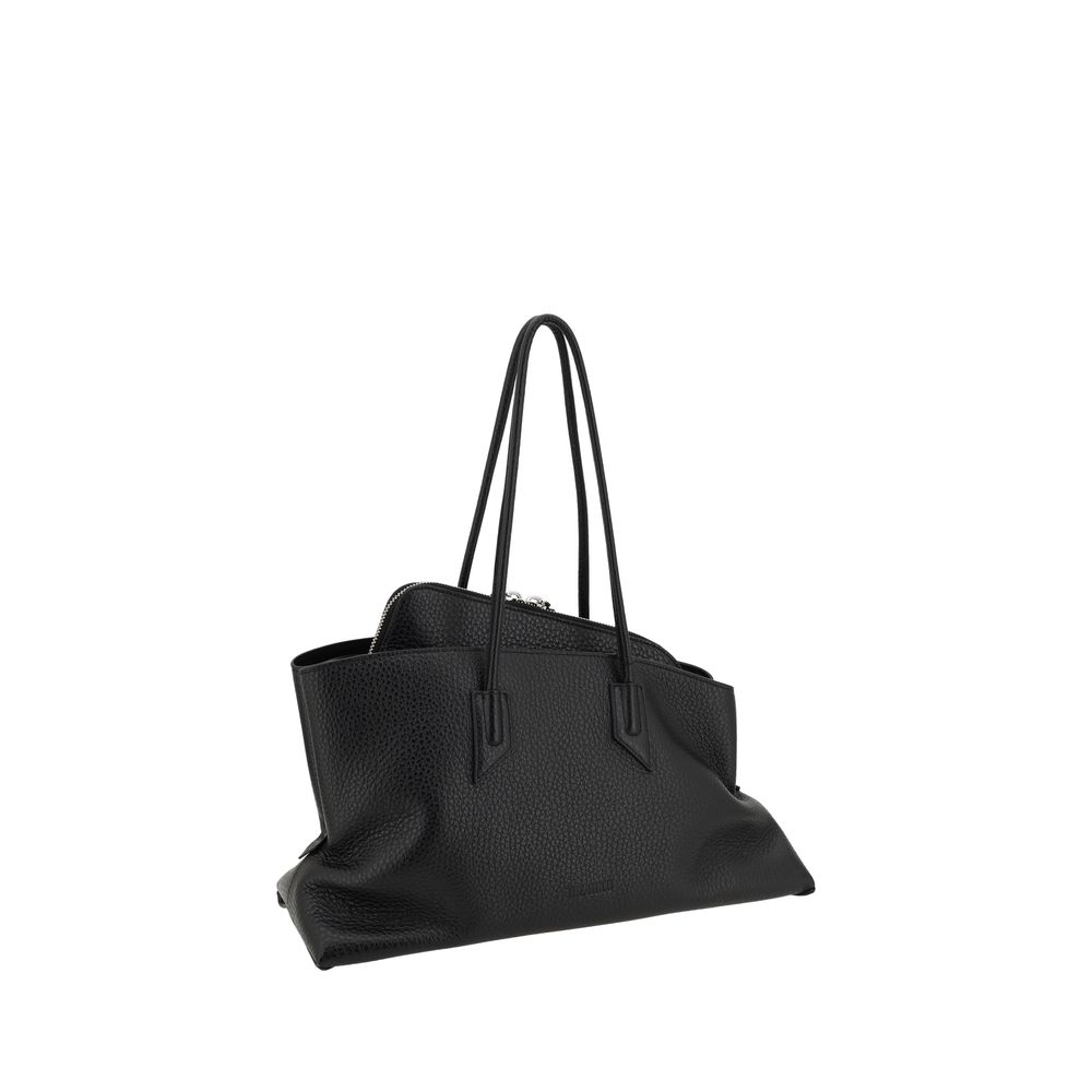 Black Calf Leather Shoulder Bag with Press-Stamped Logo