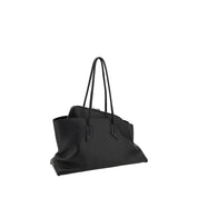 Black Calf Leather Shoulder Bag with Press-Stamped Logo