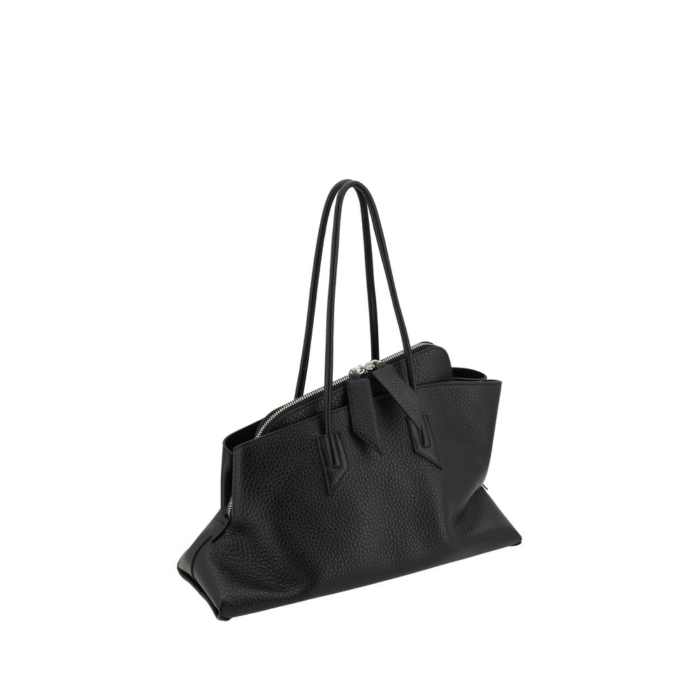 Black Calf Leather Shoulder Bag with Press-Stamped Logo