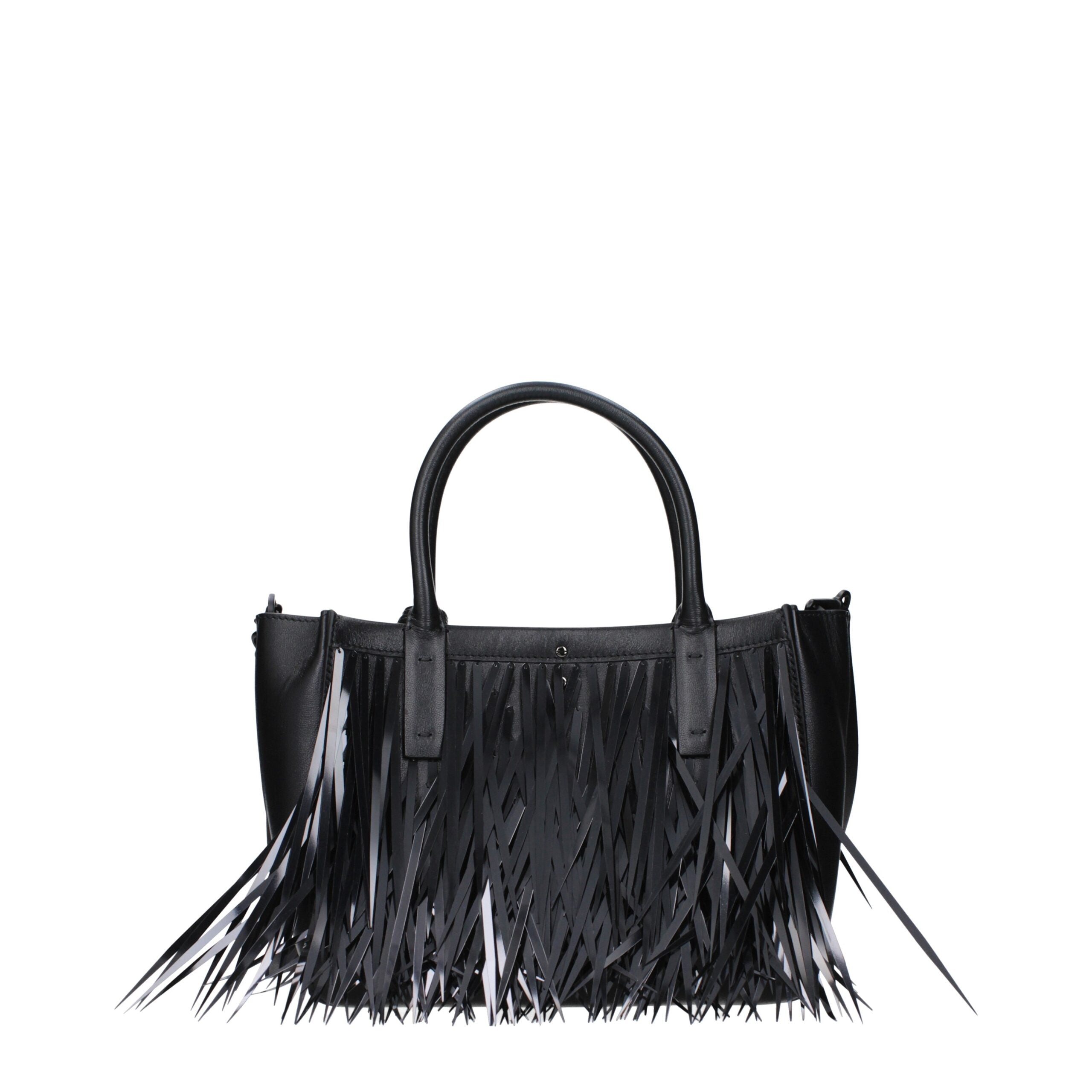 Valentino Garavani Black Leather Handbag with Logo and Fringes