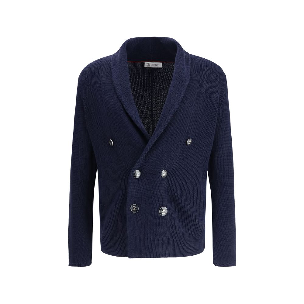 Blue Cotton Double-breasted Cardigan - Brunello Cucinelli