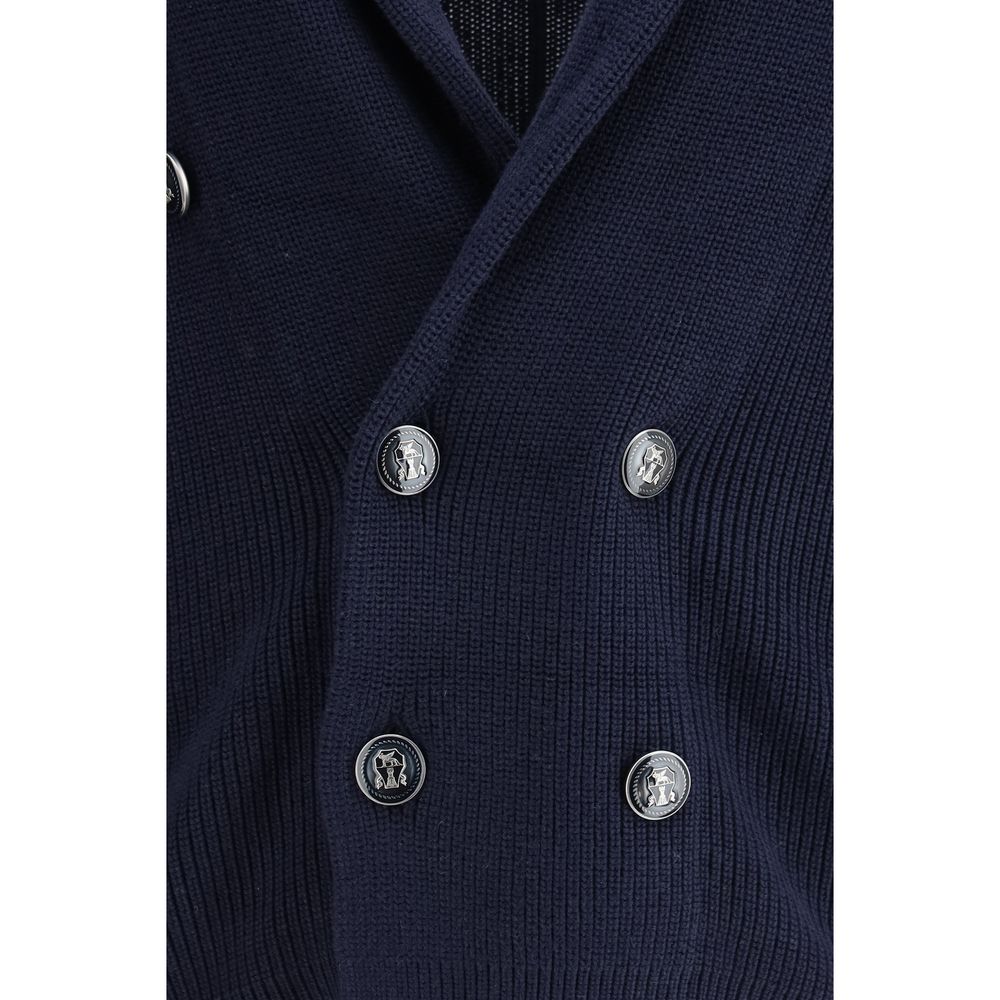 Blue Cotton Double-breasted Cardigan - Brunello Cucinelli