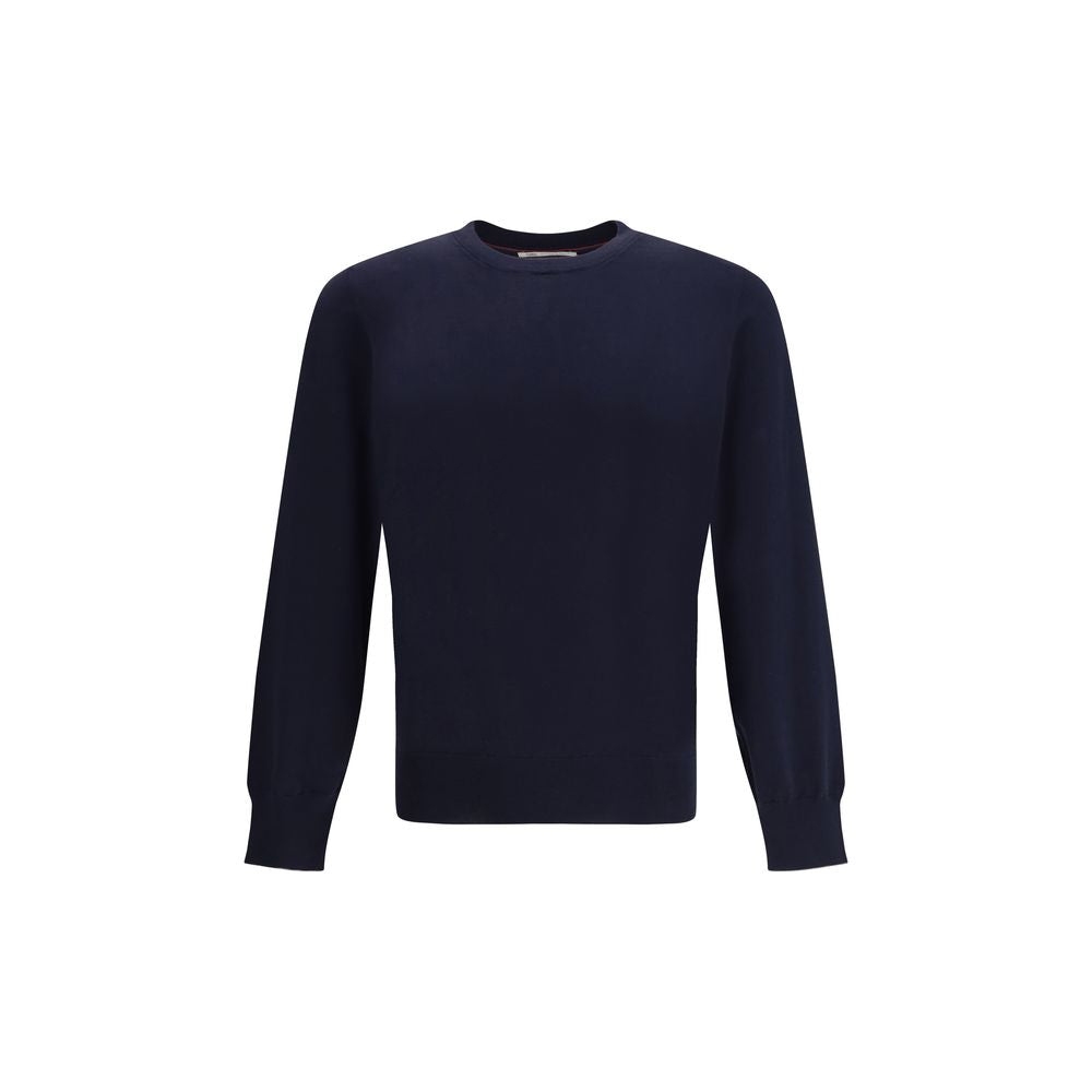 Blue Cotton Sweatshirt with Ribbed Round Neck