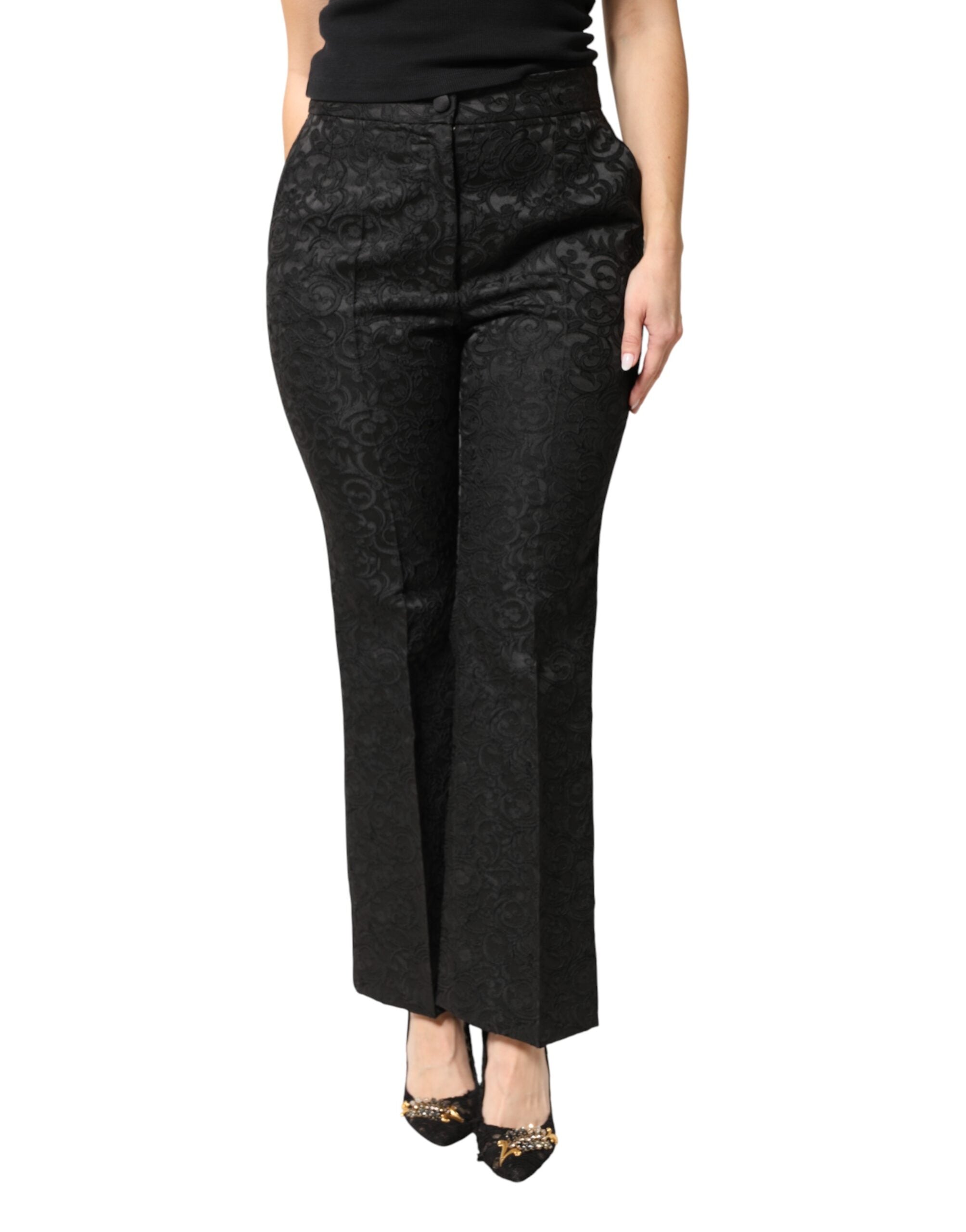 Dolce & Gabbana Black Floral Brocade High Waisted Trousers