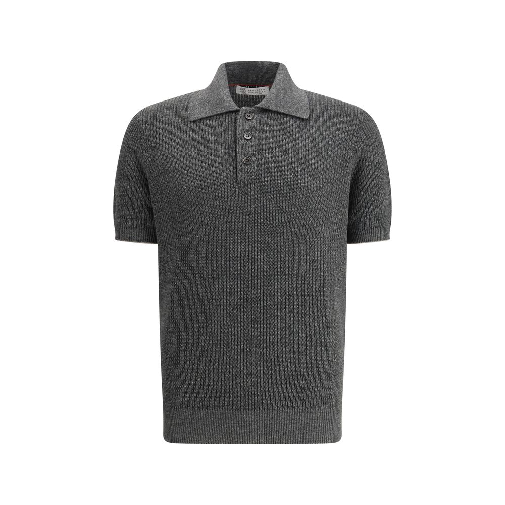 Gray Cotton Polo Sweater with Ribbed Collar