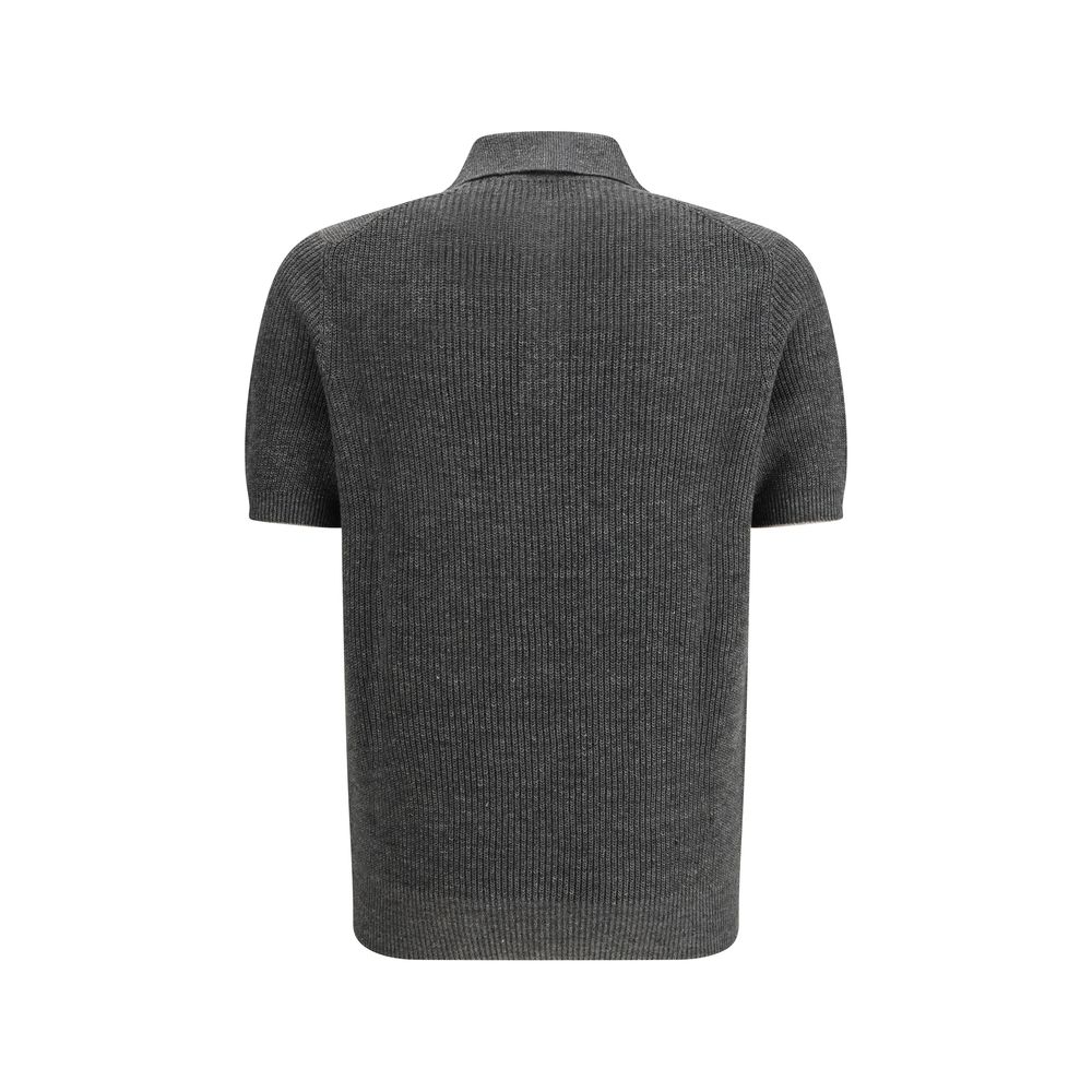 Gray Cotton Polo Sweater with Ribbed Collar