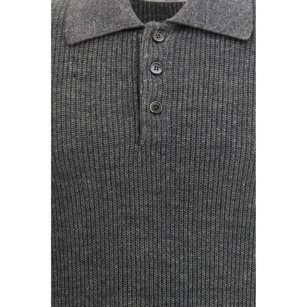 Gray Cotton Polo Sweater with Ribbed Collar