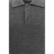 Gray Cotton Polo Sweater with Ribbed Collar