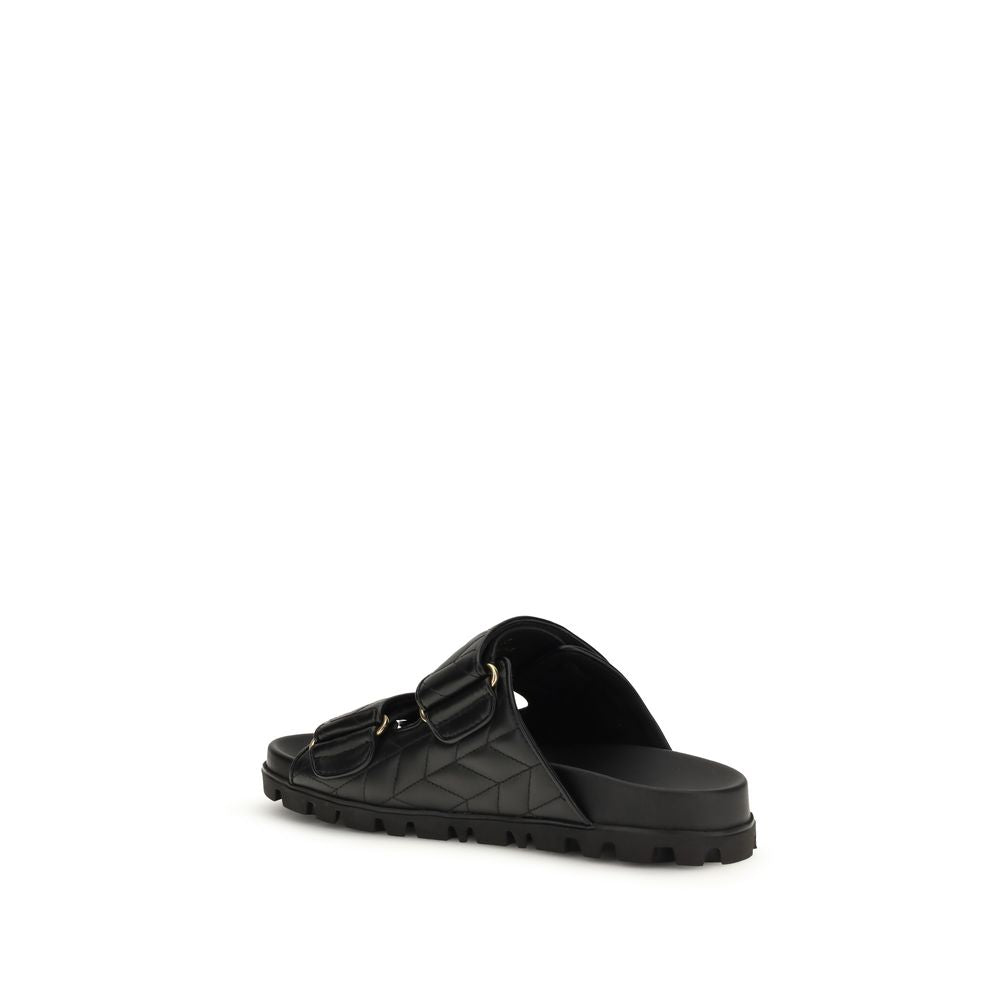 Black Napa Leather Slippers with Metal Logo