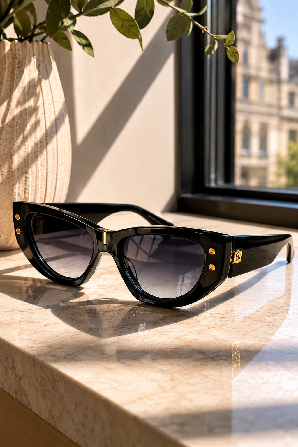 Black cat-eye sunglasses with gold accents on a marble surface near a window.